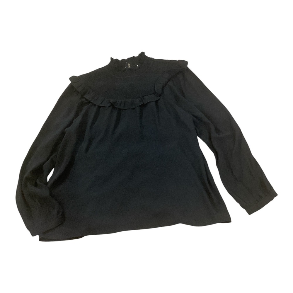 Loft Women Black Smocked Ruffle High Neck Long Sleeve Blouse Size M